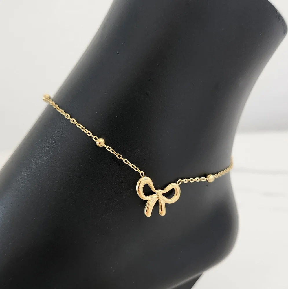 Gold Plated Bow Charm Beaded Chain Adjustable Dainty Anklet